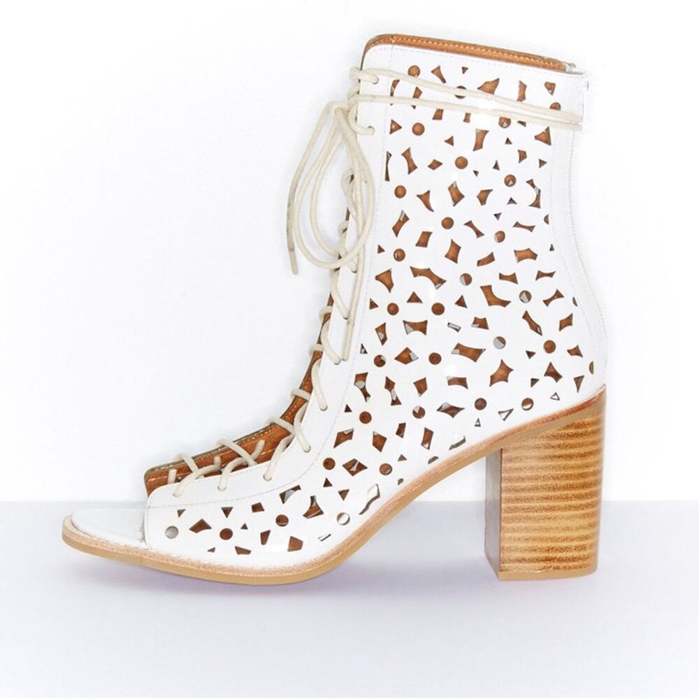 Jeffrey Campbell White Laser-Cut Lace-Up Block Heel Sandals